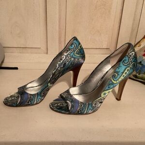 Marc Fisher Blue Satin Paisley Heels – Size 8M – 4” Glam!  $65